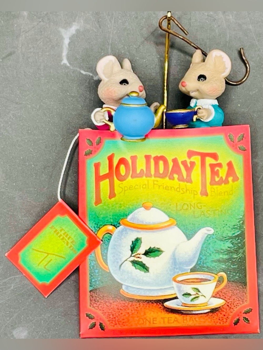 1997 Friendship Blend Tea Ornament - Red and Green Holiday Tea Sign with Mice